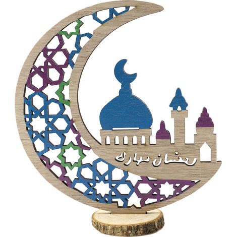 Décoration Bureau en Bois Lune Ramadan, Ornement Artisanal Fête de l'Aïd, Décor Maison Festif pour Eid Al-Adha et Eid Al-Fitr -KZQ