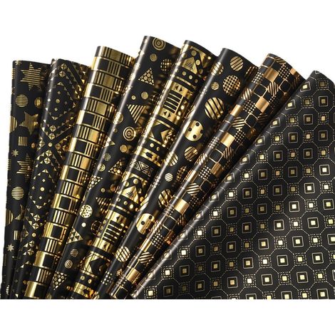 Papier D'emballage Cadeau - Papier Kraft Métallisé Or Sur Fond Noir - Motifs Étoiles Points Et Rayures - 50 X 70 Cm - Lot De 8 Feuilles (1/5)