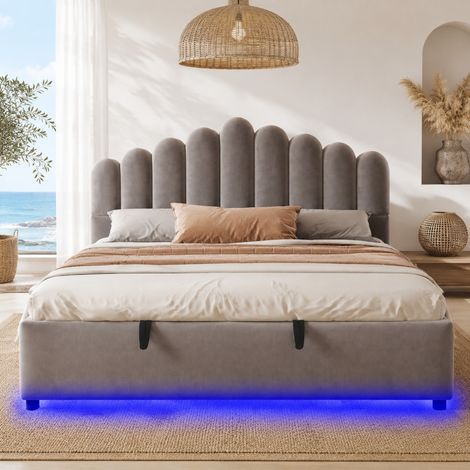 Cama con almacenaje 180x200 cm con cabecero capitoné, LED, terciopelo gris OKMYHOME (1/5)