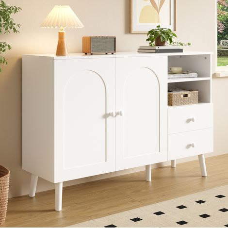 Aparador 118x35x82 cm blanco en MDF y tablero de partículas con puertas curvas, cajones y almacenaje múltiple (1/5)