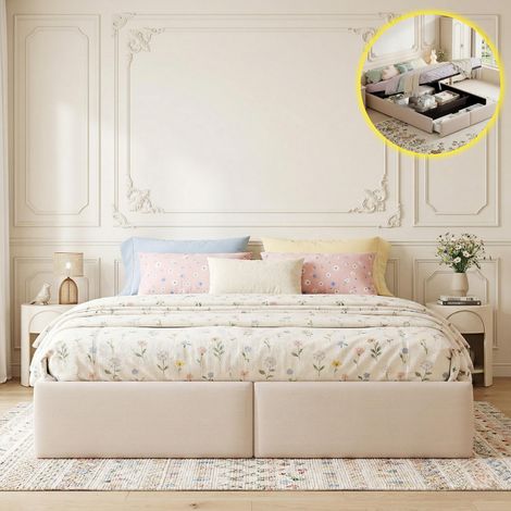 Cama de matrimonio estilo escandinavo de 160x200 cm con canapé, 2 cajones, somier de láminas, sin cabecero, beige (1/5)