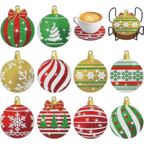 Ensemble de 10 sous-verres de Noël décorés de diamants, kits de décoration de table 5D avec support, parfaits pour les tasses et les verres à vin, idéaux pour les fêtes. (1/4)