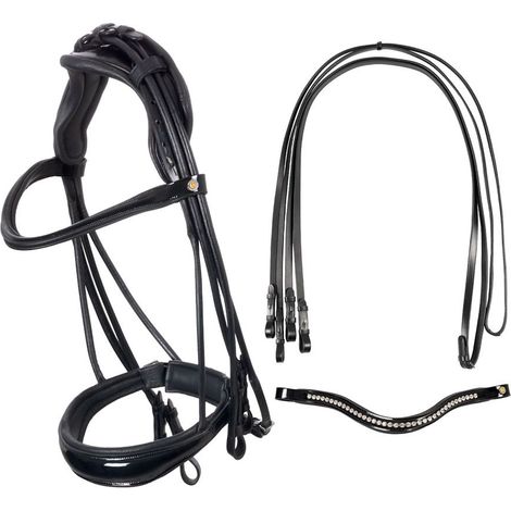 Full, nero: Briglia da dressage anatomica con capezzina a chiusura Pull-back e frontalino ricambio con strass