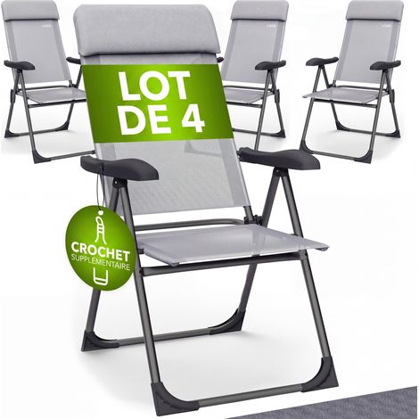 Lot de chaises de jardin pliables réglables en 6 ou 7 positions en aluminium avec dossier haut fonction couchage camping voyage 4er Set Grau (de) (1/5)