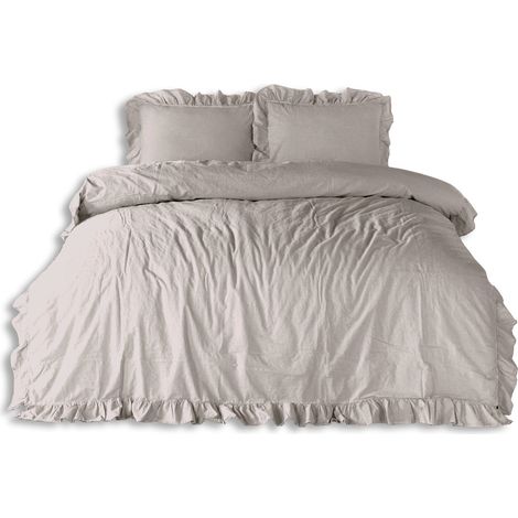 Bettwäsche-Set 220x200 cm, 100 % gekräuselte Baumwolle mit Rüschen, Naturcreme (1/5)