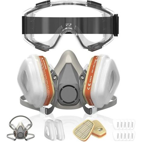 Masque de protection avec lunettes de sécurité et 10 filtres pour la peinture, la résine époxy, le bricolage, le ponçage, le soudage, la protection contre la poussière et les gaz (1/4)