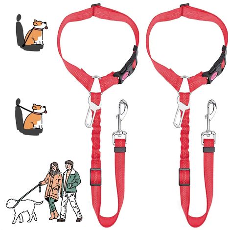 Lot de 2 ceintures de sécurité pour chien pour voiture, harnais de sécurité élastique réglable pour voiture, laisse rembourrée élastique anti-choc (rouge) (1/5)