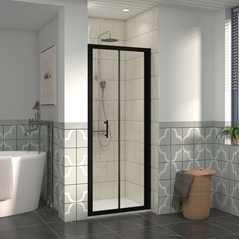 NRG 800mm Bathroom Bi- Fold Shower Door Black Framed with 900x800mm SMC Rectangle Shower Tray White (1/5)