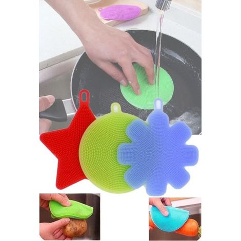 3 SPUGNE MULTIUSO TERMICHE IN SILICONE ANTIBATTERICHI PER CUCINA PIATTI BAGNO