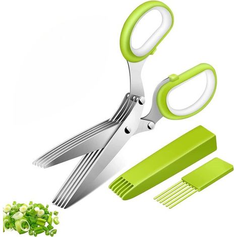 Tijeras modernas de acero inoxidable verde para hierbas aromáticas, 19,5 x 7,5 cm, Tijeras multifuncionales para alimentos, Trituradora de papel (1/5)