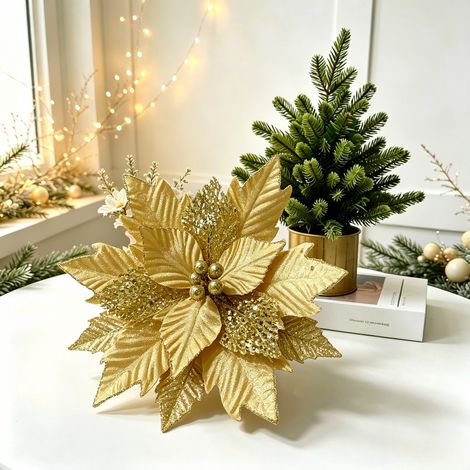 Weihnachtsdekorationen, Weihnachtsstern, Goldpuder, Perlen-Weihnachtsbaumzweige, bunte Stoffblumenköpfe, DIY-Dekorationen