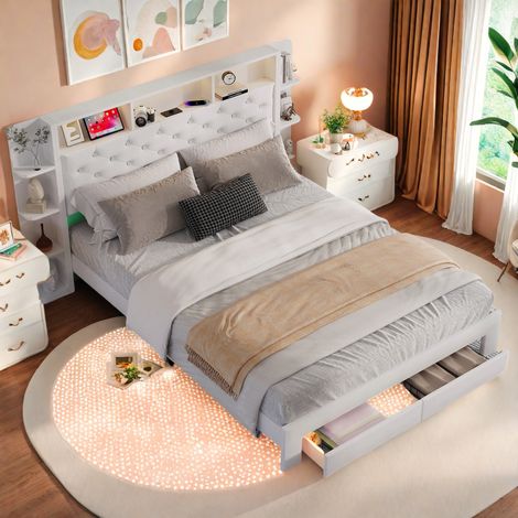 Lit 140x200 avec sommier LED et USB, tête de lit avec rangement, lit double pour adultes et adolescents, blanc velours lit capitonné (1/5)
