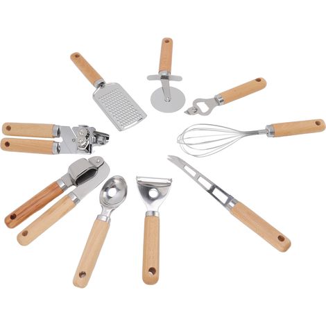 Ensemble de 9 ustensiles de cuisine en acier inoxydable avec manche en bois - résistant et facile à nettoyer - multicolore (1/5)