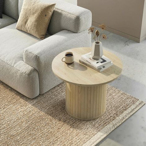Mesa de Centro Redonda con Base de Columna con Listones para Sala de Estar Dormitorio Ø60x40 cm Natural (1/5)