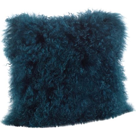 Oreiller Garni de Fourrure de Mongolie, Bleu Sarcelle, 16" (1/3)
