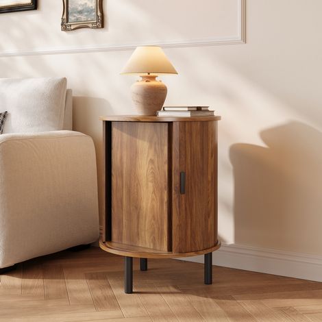 Table basse ronde en MDF et panneau de particules effet noyer avec porte coulissante (1/5)