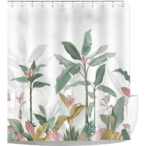Rideau De Douche - Polyester Impermeable - Motif Palmier Feuille De Bananier - 183 X 183 Cm - 12 Crochets Inclus