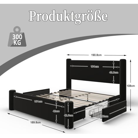Cadre de lit 160 x 200 cm au design moderne, avec colonnes 3D, tête de lit rembourrée épaisse, 2 tiroirs de rangement et ports USB intégrés pour un confort pratique et un style élégant dans la chambre (1/5)