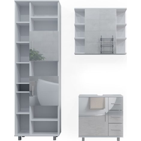 Set mobili bagno Ilias, Bianco lucido, 3 parti, con armadio alto, Vicco
