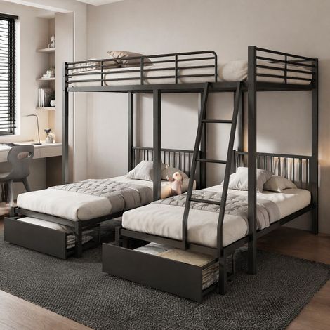 Lit triple superposé 180x200cm en métal noir avec rangements, séparable en 3 couchages (1/5)