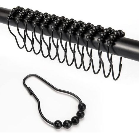12 Pcs Morceau de Crochets de Rideau de Douche, avec Système Coulissant Anneaux de Rideau de Douche en Acier Inoxydable pour Tringle de Douche de Salle de Bain (Noir) (1/5)