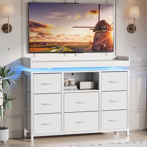 FOERPL-Kommode mit 8 Tissu-Tiroirs, Schrankmöbeln mit LED und 2 USB-Preisen und 2 Secteur-Preisen Kommode für Erwachsene mit Struktur aus Metall für den Salon