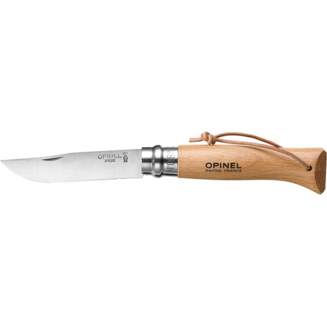 Couteau Baroudeur N°08 – Lame 8,5 cm en acier inoxydable – Manche en bois de hêtre – Bague Virobloc pour sécurité accrue – Opinel