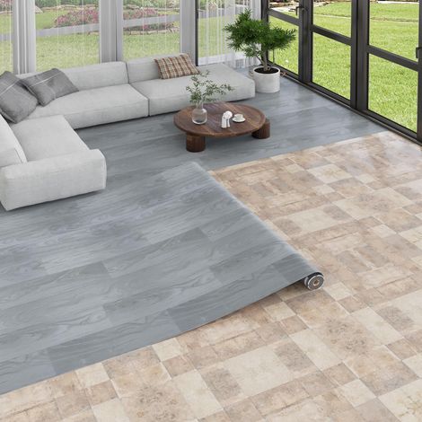Revêtement de Sol en PVC Aspect Bois, Vinyle Pour Séjour, Cuisine, Balcon, Caravane, Cellier - Découpable, Revetement Imperméable Gris (1/5)