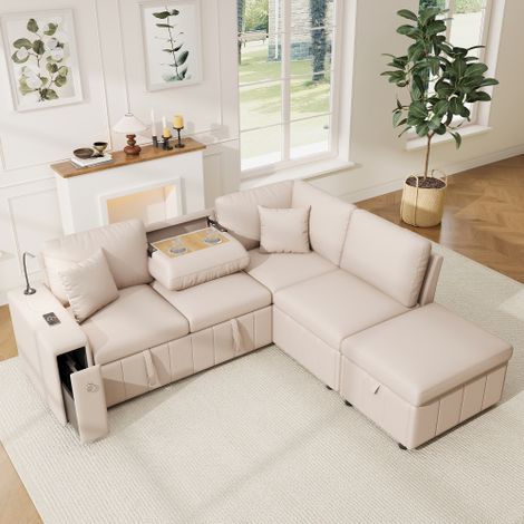 Canapé d’angle convertible réversible 4 places 213x184 cm avec 2 coussins, liseuse et porte-gobelets, pour salon, beige (1/5)