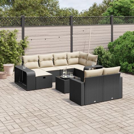 Salon de jardin 11 pièces résine tressée noir avec coussins crème - Ensemble modulaire avec table verre et rangement pour terrasse (1/4)