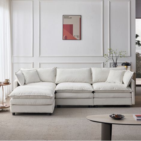 Modulares Ecksofa 267x154x85 cm aus beigem Chenille mit Hocker – MEUBLIV (1/5)