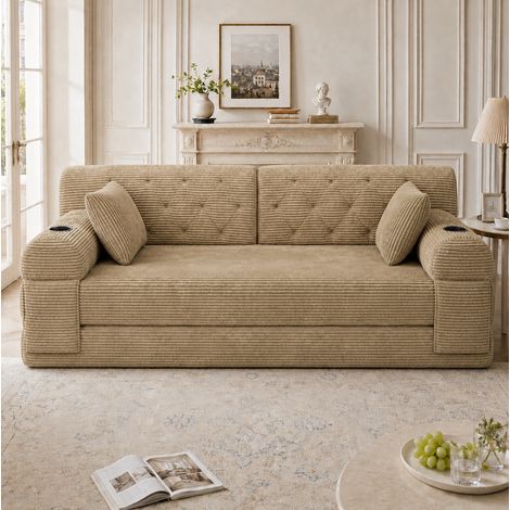 Divano letto 2 posti in velluto a coste, schienale alto, 2 portabicchieri, beige DESVIAE (1/5)