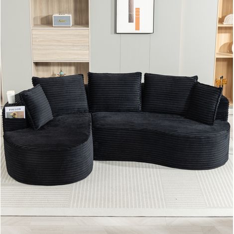 Canapé 250x152x82 cm noir en velours côtelé avec porte-gobelets, poches latérales et coussin (1/5)