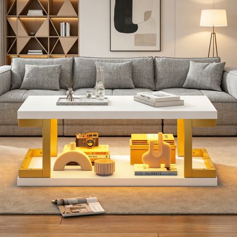 Table basse LED 100x50x37,5 cm en MDF et métal blanc or, avec rangement salon FloraGrace (1/5)