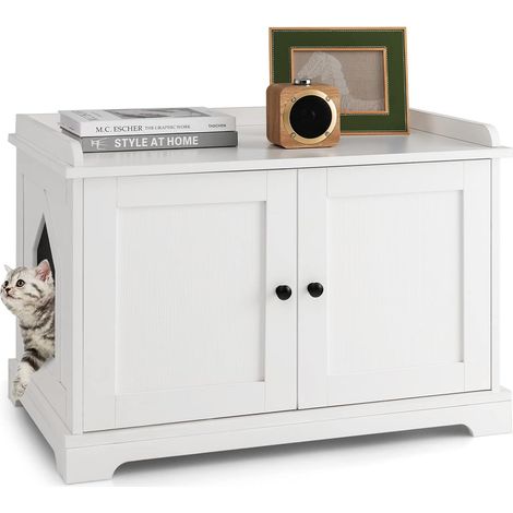 COSTWAY Arenero para Gatos con Tablero Rascador, Casa de Baño Oculto con Entrada Reversible y Divisor Ajustable, Mesa Auxiliar de Madera Interior para Mascotas 75 x 51 x 53 cm