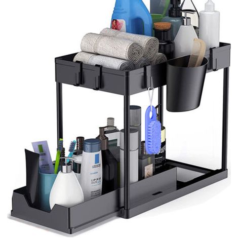 Rangement sous Évier - Organisateur sous Evier Tiroir Coulissant à Extraction - Rangement Et Organisation De Cuisine - Panier de rangement multifonction pour salle de bain - Noir
