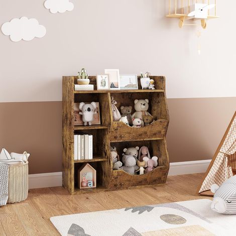 Bibliothèque Enfant Double Face avec Rangement Jouets, Étagère Livres 3 Niveaux Marron (1/5)
