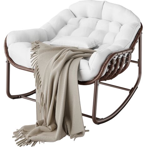 Chaise Berçante en Rotin, Coussin Épais, Design Moderne, Riz Blanc (1/2)