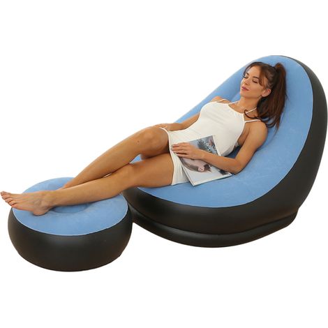 Fauteuil gonflable pliable en PVC floqué confortable avec repose-pieds, idéal pour le camping et les voyages en plein air (bleu clair). (1/2)