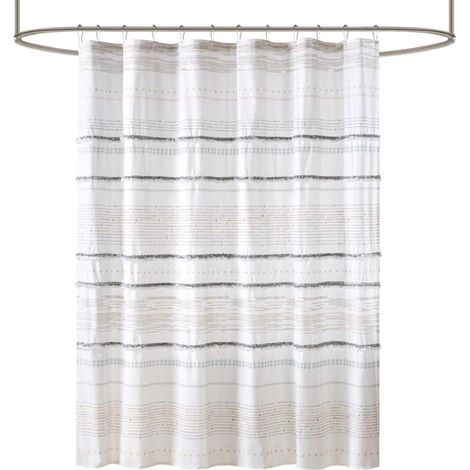 Rideau de Douche 100% Coton à Pompons Style bohème, imprimé à Rayures Multicolores, Lavable en Machine, décoration d'intérieur Moderne, pour Salle de Bain Baignoire, 183 x 182,9 cm, Blanc (1/5)