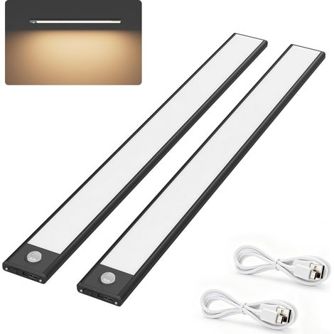 2 x 40 cm Wireless Cabinet Light, Kitchen Under Cabinet Light with Motion Detector, 3 Modes, USB Rechargeable Magnetic LED Strip Light, 2200 mAh, 73 LEDs, Warm White 3000 K, Black (1/5)