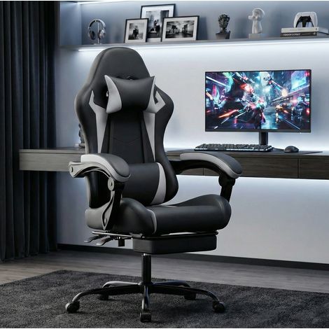Gamingstuhl ergonomisch mit Fußstütze PVC Schwarz-Weiß OKMYHOME (1/3)