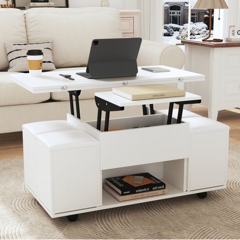 Table basse multifonctionnelle relevable - Le bureau peut ouvrir 2 tables, blanc + blanc, grande capacité, mobilier de salon moderne, bureau, table à manger, table de loisirs, table multifonctionnelle (1/5)