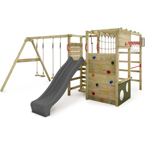 FATMOOSE Klettergerüst Spielturm ActionArena mit Schaukel & Rutsche, Gartenspielgerät mit Leiter & Spiel-Zubehör - Anthrazit