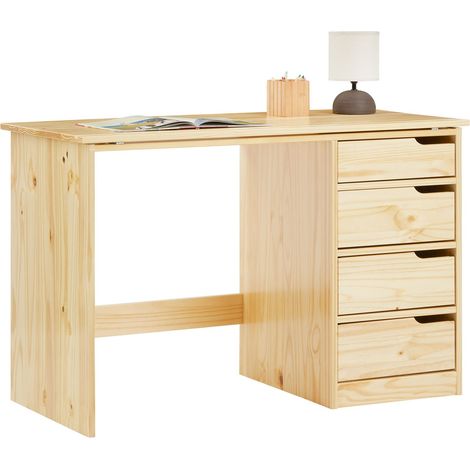 Idimex – Bureau enfant inclinable en pin massif – 4 tiroirs – Plateau ajustable 0° à 25° – Résistant et facile d'entretien – Coloris naturel