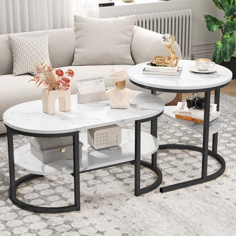 2er-Set Beistelltische (Couchtische), glatte Marmor-Optik, offene Ablagen, ovaler Beistelltisch mit Metallgestell, für Wohnzimmer und Esszimmer – Schwarz