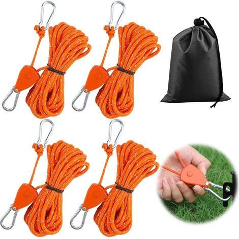 Lot de 4 haubans réfléchissants de 4 mm avec tendeur de corde, 4 m, corde à cliquet, corde lumineuse, tendeur de cordon réglable en nylon, cordon de camping, cordon tempête pour voile (1/5)