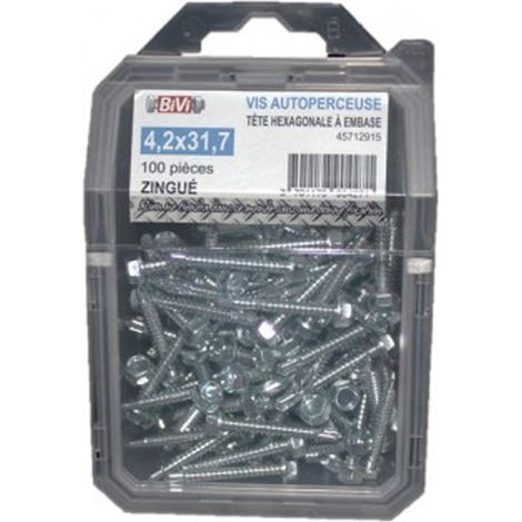 Vis autoperceuse tête hexagonale à embase Zingué - 6,3 x 19 mm Coque de 100 pièces - BIVI