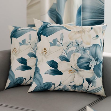Lot de 2 Taies d'Oreillers 50x50 cm 100% Microfibre Hypoallergénique, Housse Oreiller Rectangulaire Motif Floral Bleu Ciel, Paquet de 2 (1/3)