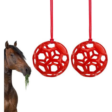 Lot de 2 boules à foin suspendues - Distributeur de fourrage oscillant pour écurie - Balance et remue - Anti-stress pour chevaux et chèvres - Avec corde - Idéal stabulation, paddocks et bergeries - Ro (1/5)